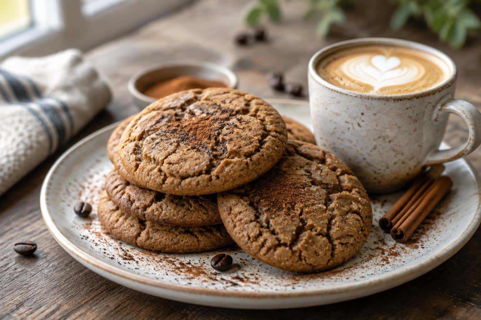 Freshly baked gingerbread latte cookies with coffee and cinnamon garnish on rustic surface