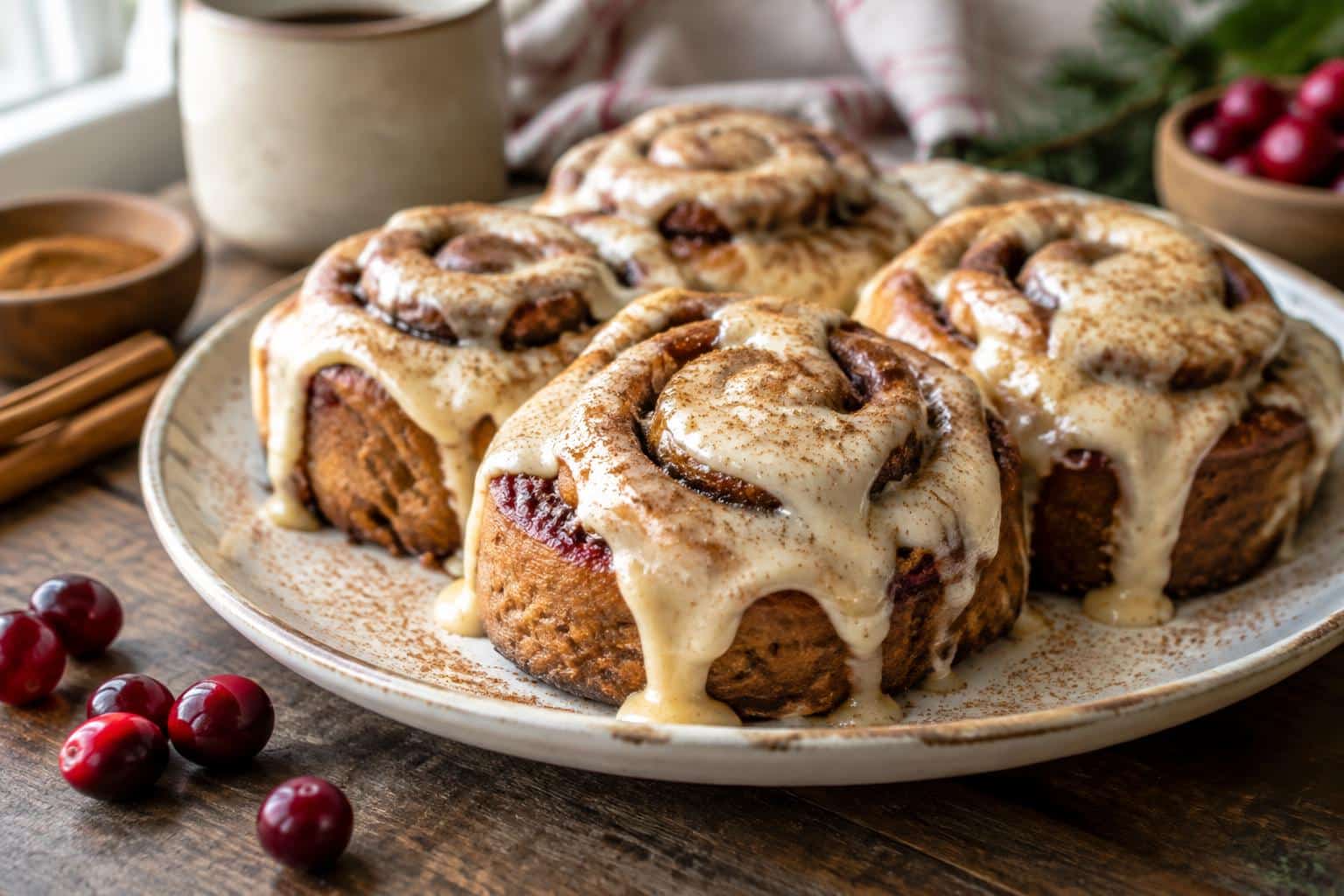Gingerbread spice cinnamon rolls with maple frosting on a rustic wooden plate