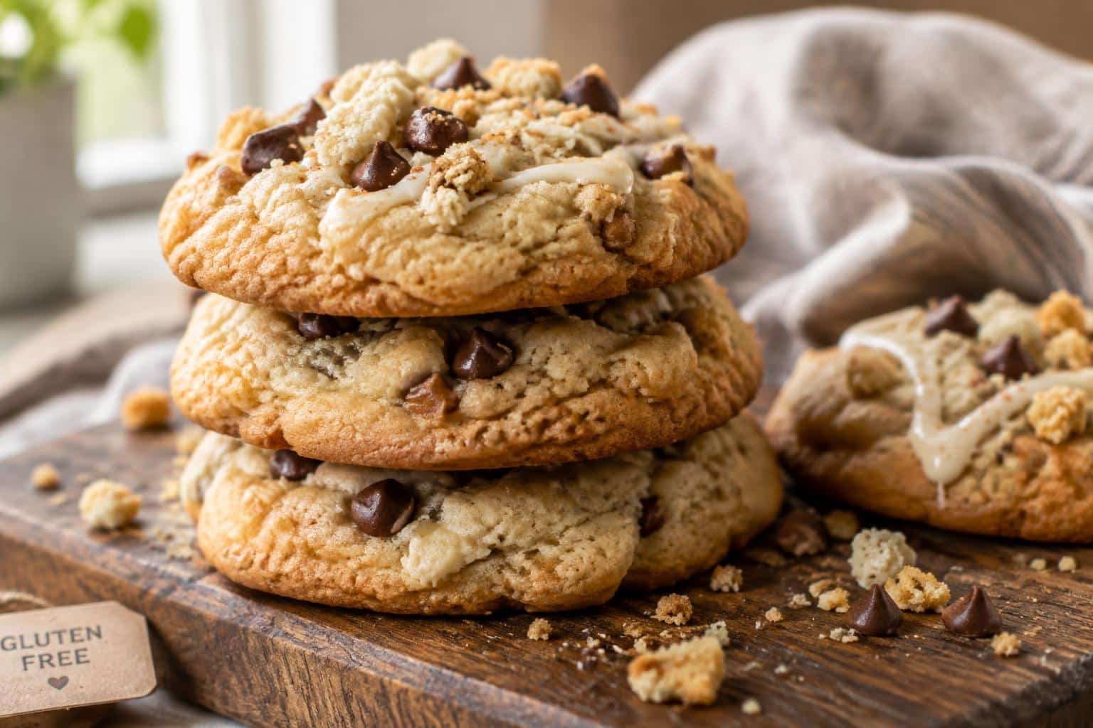 Freshly baked gluten free crumbl cookies stacked with golden edges and soft centers