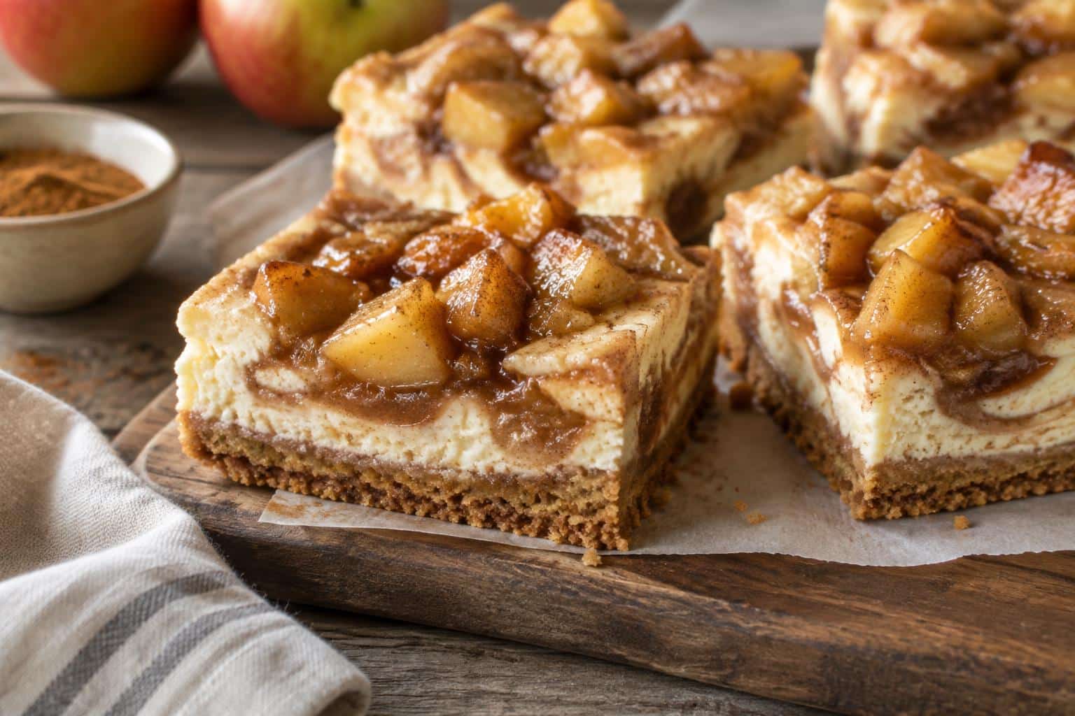 Close-up of apple pie cheesecake bars with creamy filling and spiced apple chunks on top