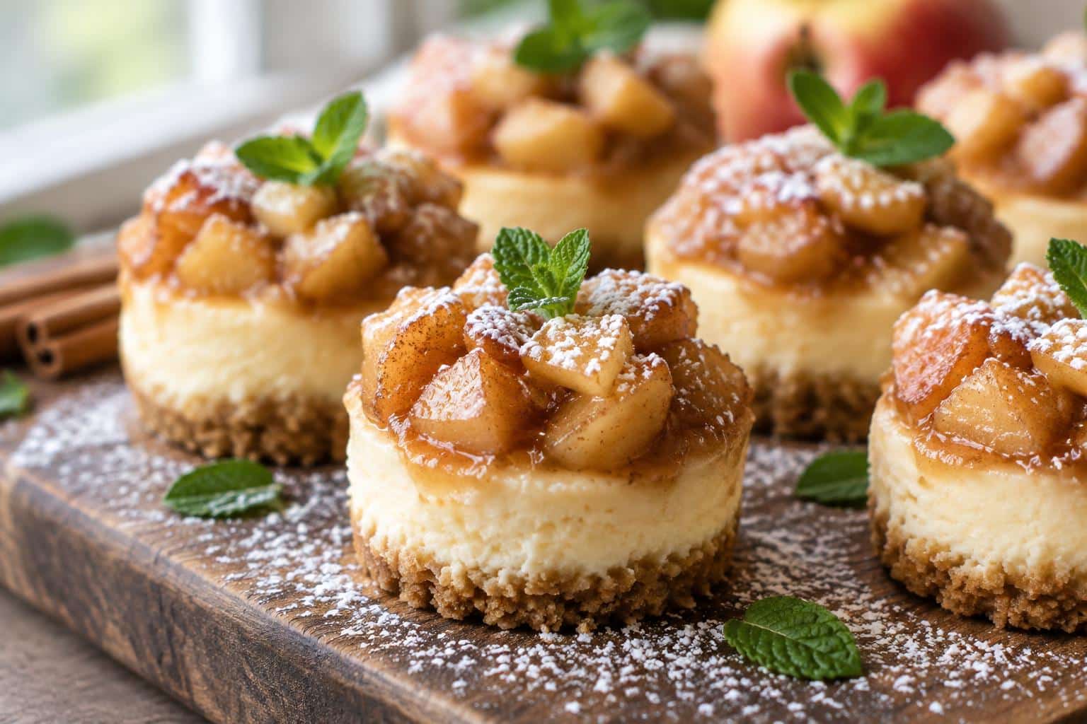 Golden baked apple pie cheesecake bites with cinnamon apple topping and powdered sugar