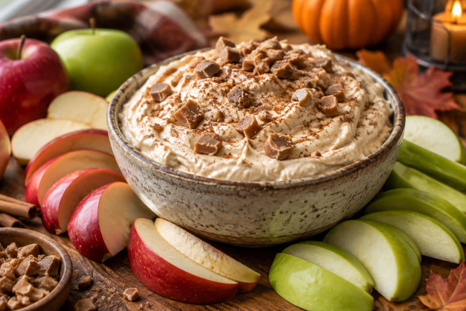 Creamy apple toffee dip in rustic bowl with chopped toffee and cinnamon, surrounded by apple slices