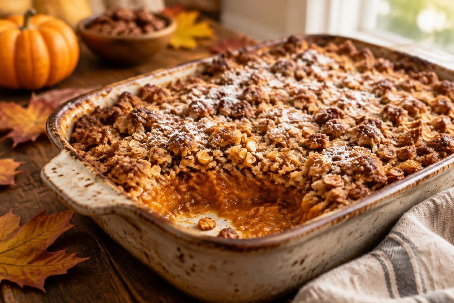 Fresh baked pumpkin crisp with crunchy topping in ceramic dish on wooden table, pumpkin crisp dessert