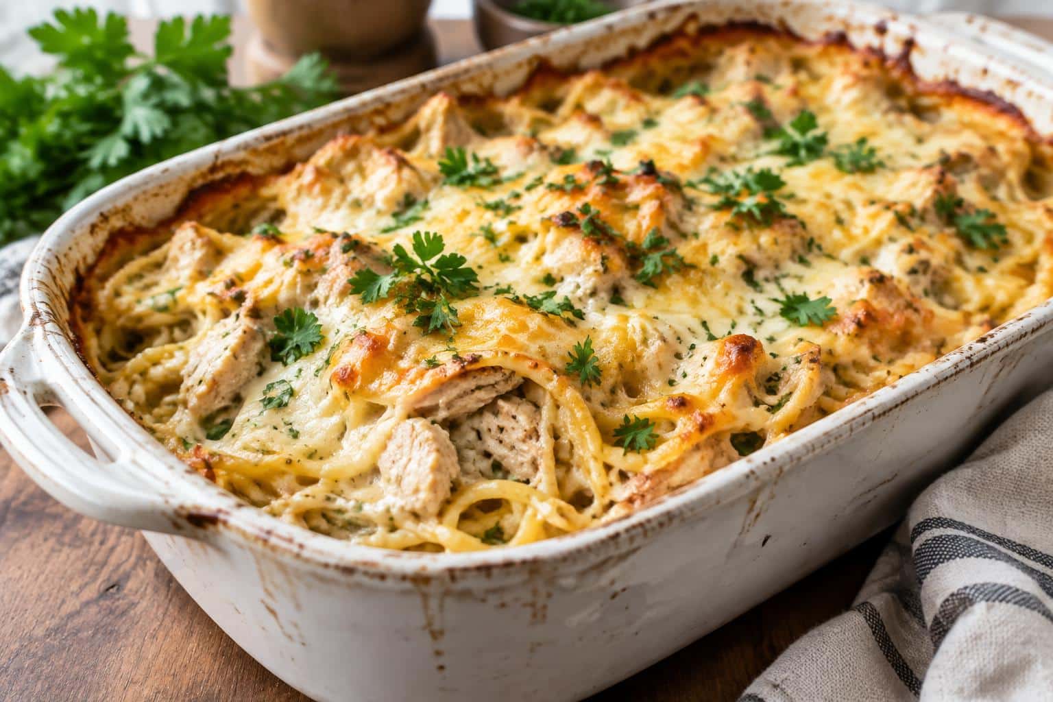Creamy cheesy chicken spaghetti bake casserole garnished with fresh parsley
