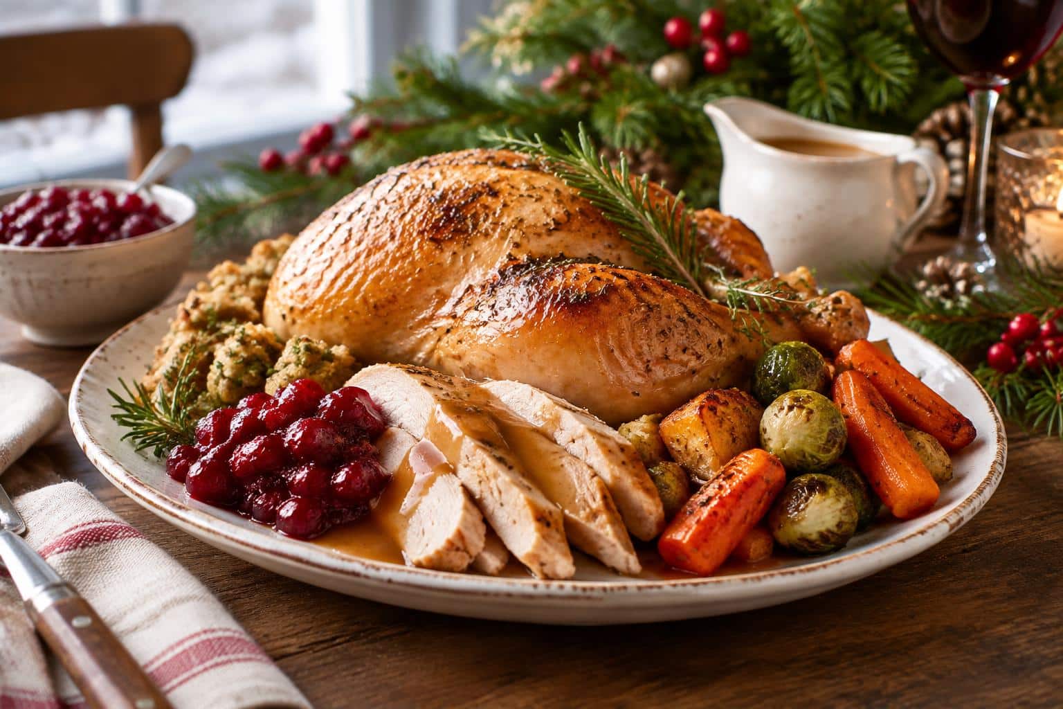 Go-to Christmas dinner menu plate with roasted turkey, vegetables, and cranberry sauce