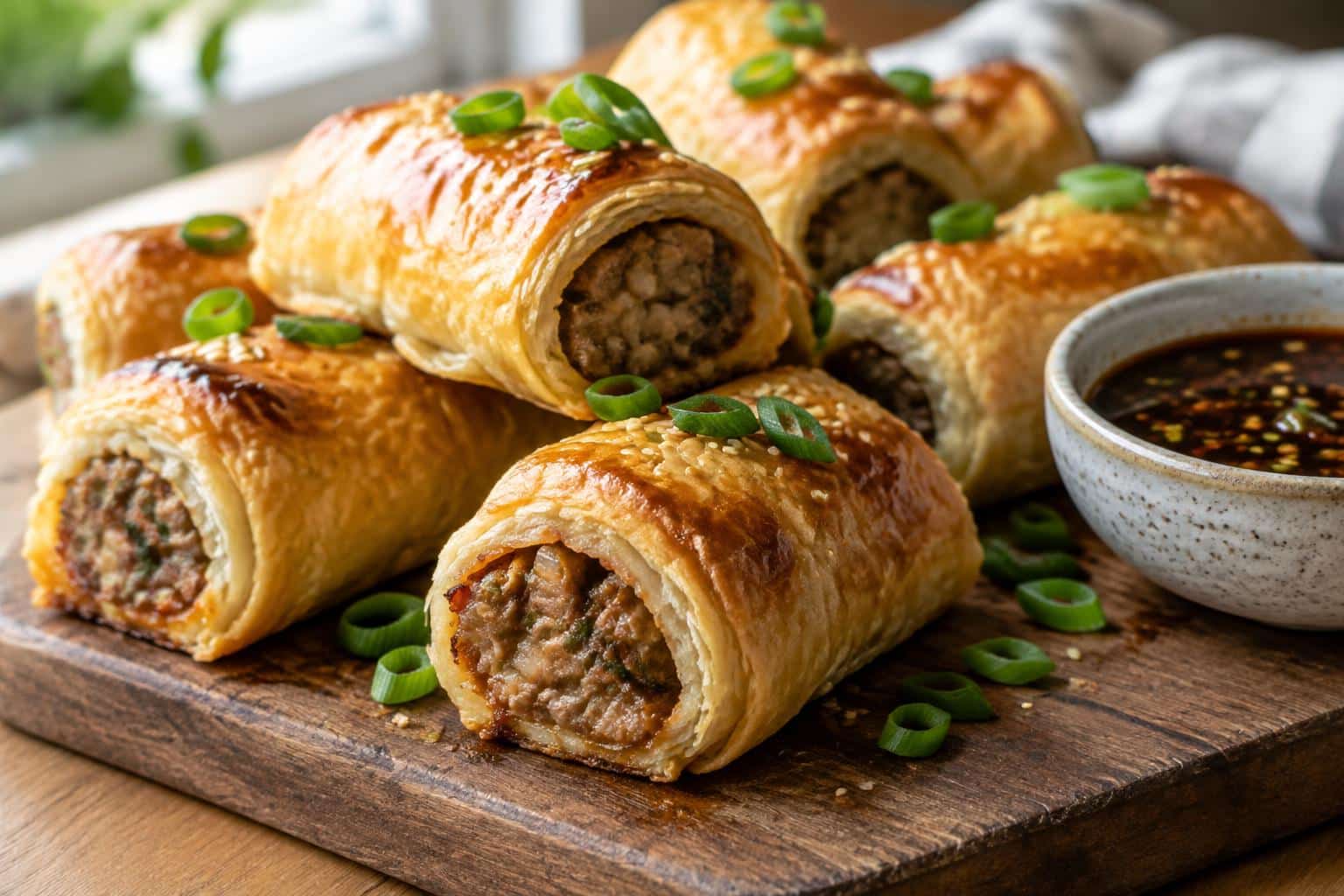 Golden baked dim sim sausage rolls on wooden board with garnish and dipping sauce