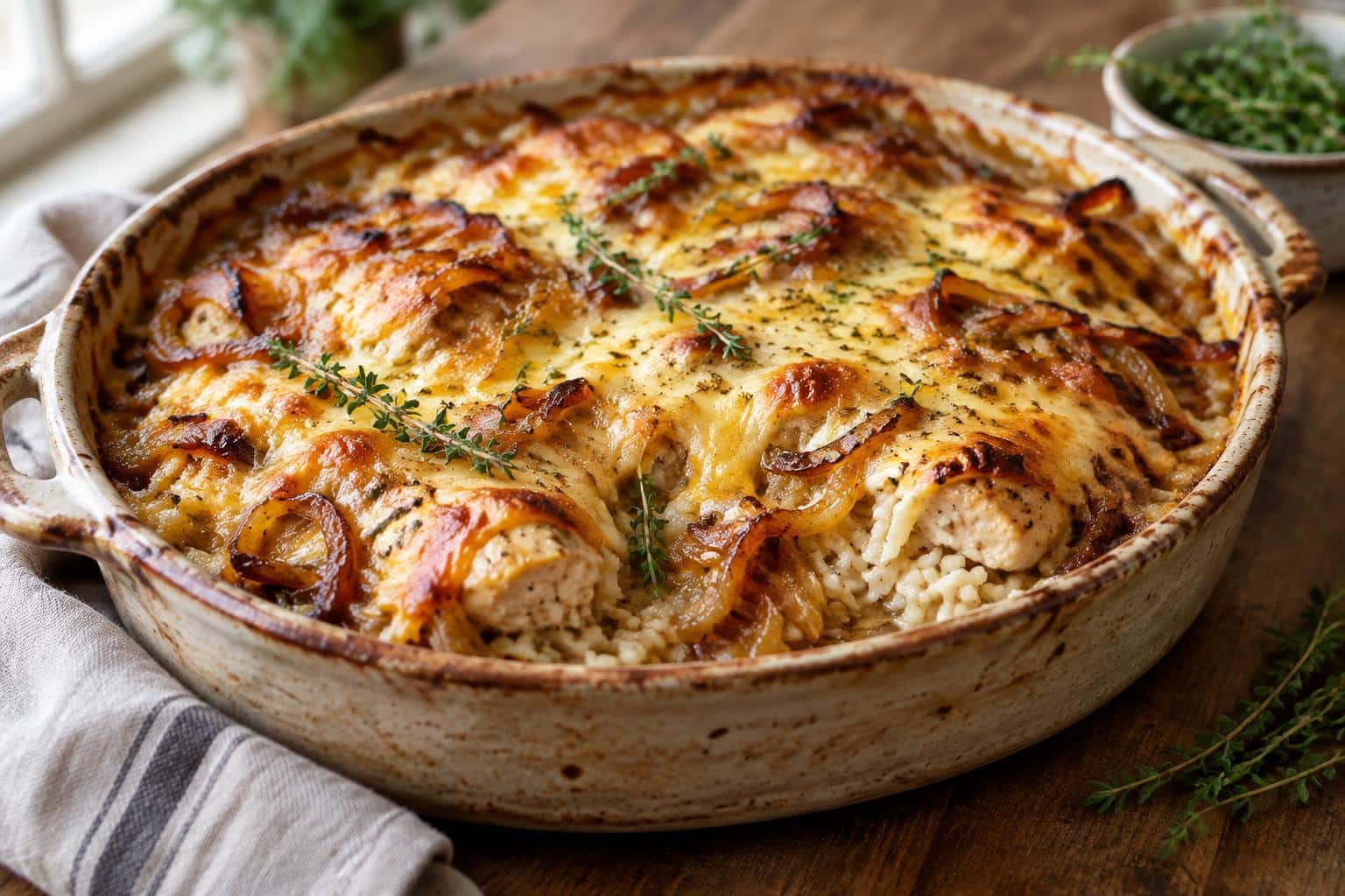 French onion chicken casserole with cheesy rice and caramelized onions in a rustic baking dish