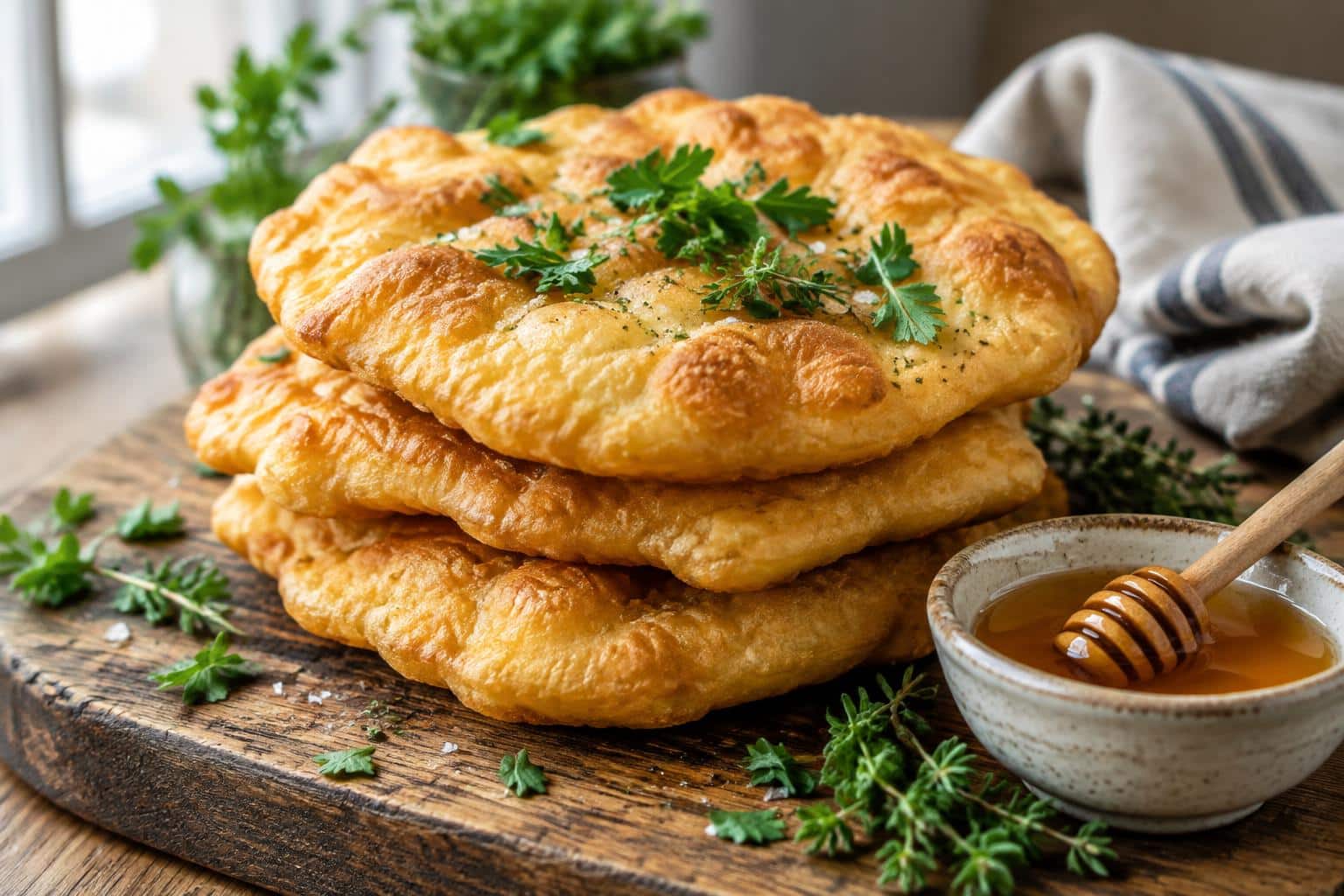 Golden crispy gluten free fry bread stacked with honey and herbs
