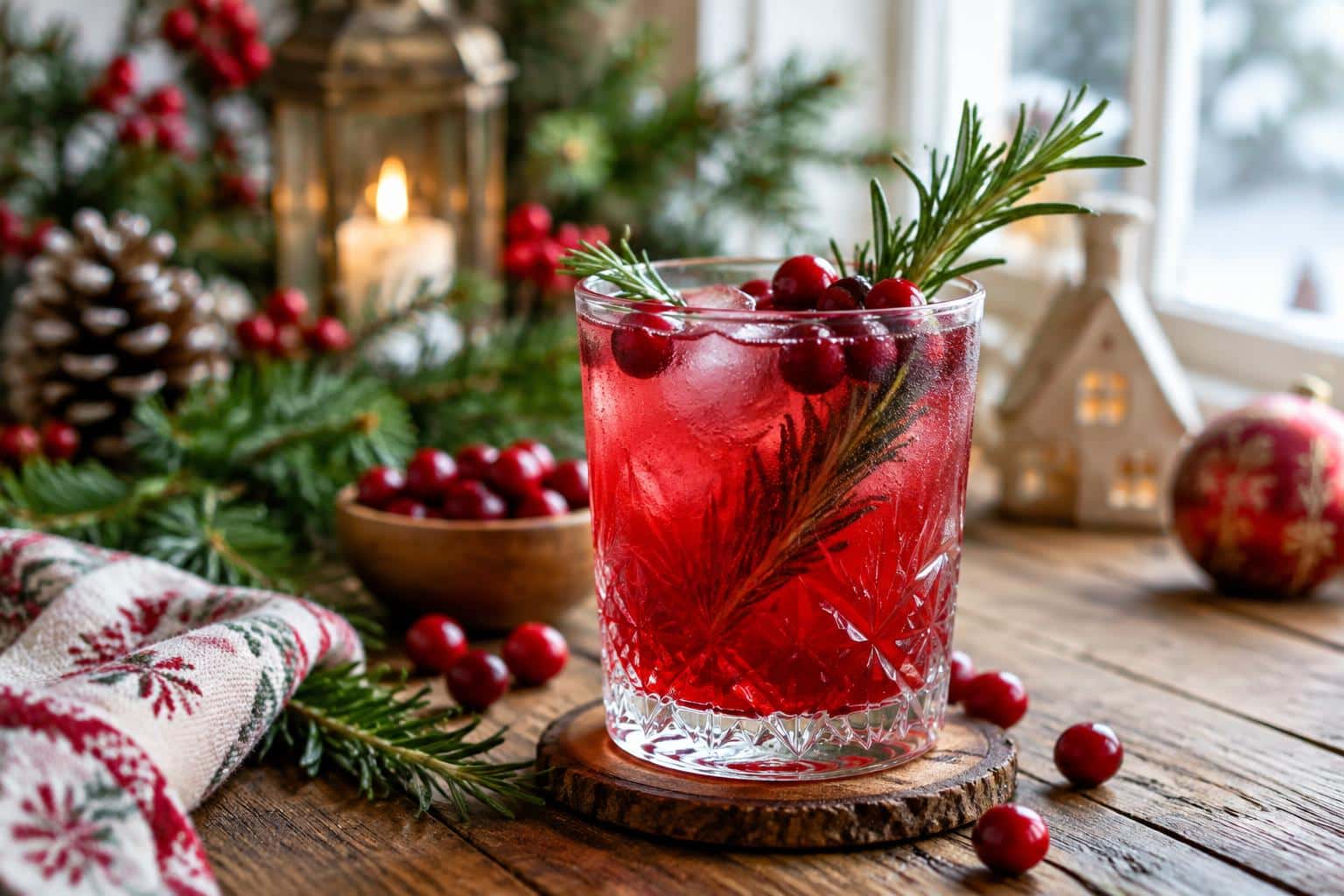 Festive holiday mocktail garnished with cranberries and rosemary, perfect holiday mocktail drink