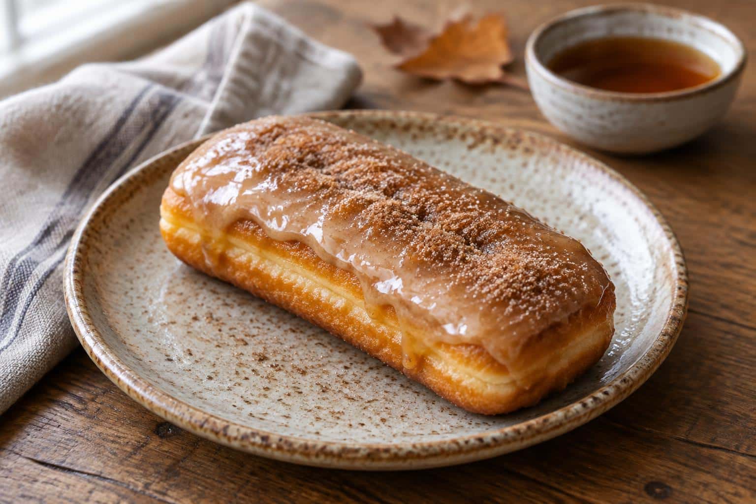 Freshly baked maple donut bars with glossy maple glaze on a rustic plate, perfect maple donut bars treat
