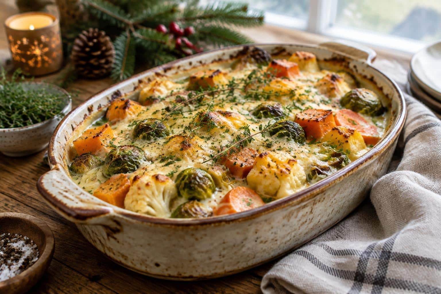 Rich winter vegetable casserole baked to golden perfection with herbs on top
