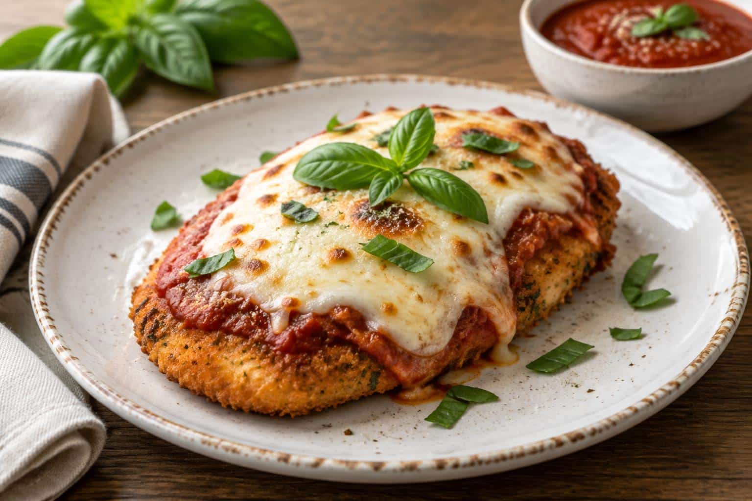 Golden crispy air fryer chicken parmesan topped with melted cheese and fresh basil
