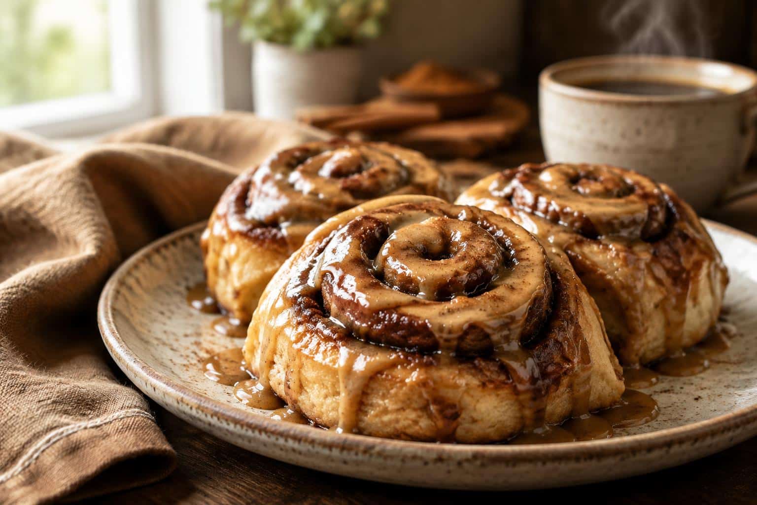 Close-up of gooey coffee cinnamon rolls drizzled with coffee glaze on a rustic plate