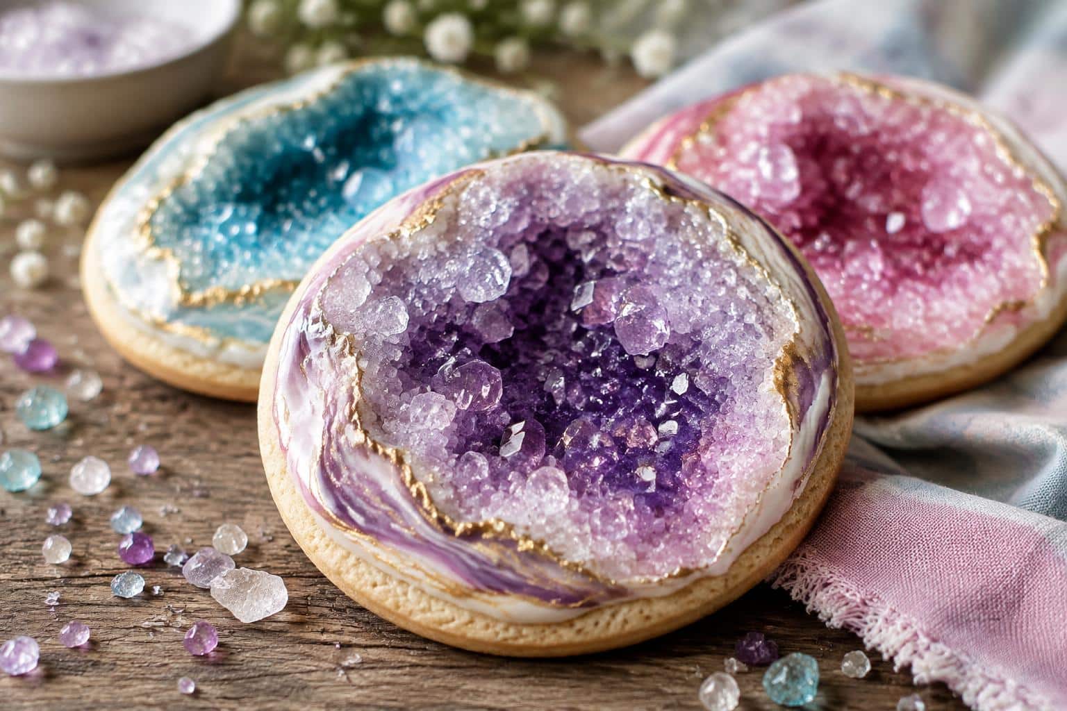 Close-up of colorful gorgeous geode cookies with sparkling sugar crystals and vibrant colors