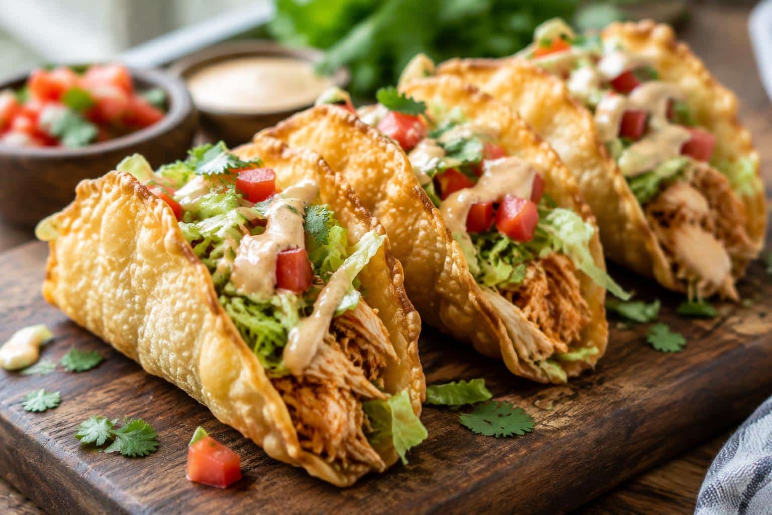 Crispy chicken wonton tacos with shredded chicken and fresh toppings in golden shells