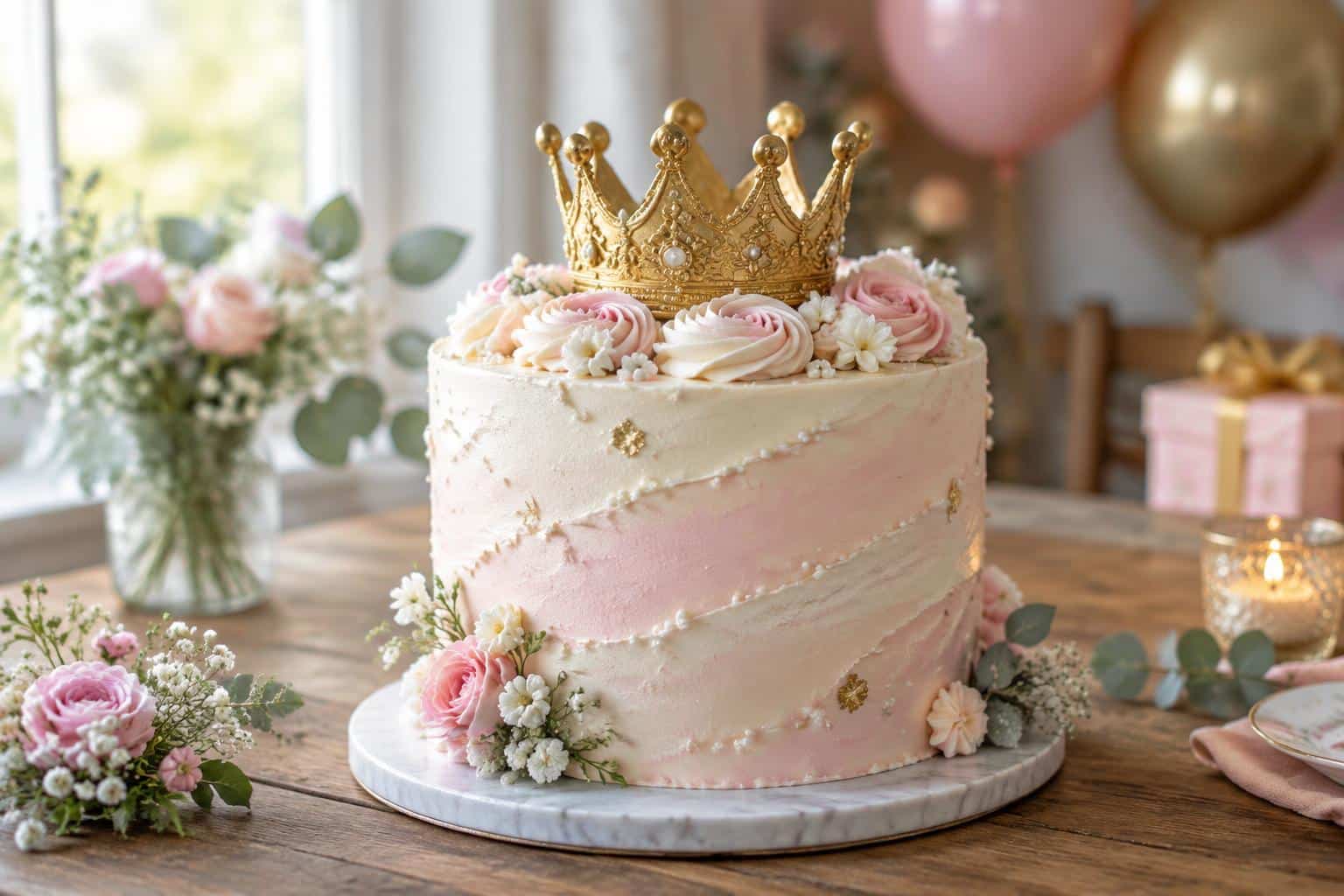 Birthday cake with crown on pastel frosting, birthday cake with crown