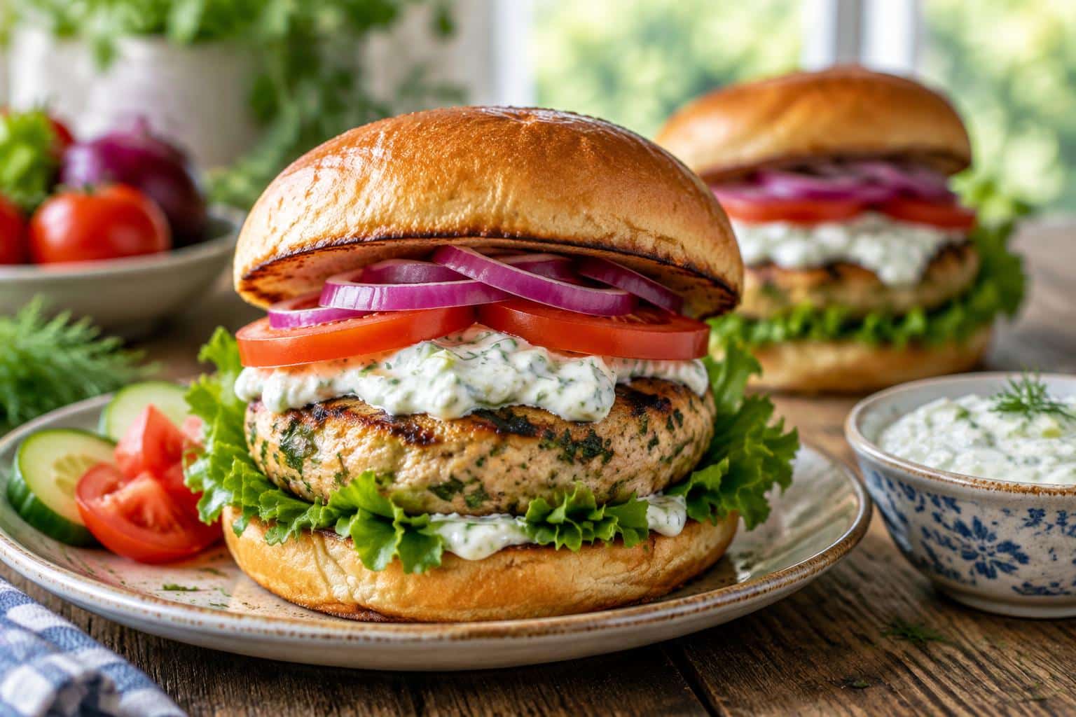 Greek chicken burgers topped with creamy tzatziki sauce and fresh vegetables on toasted buns