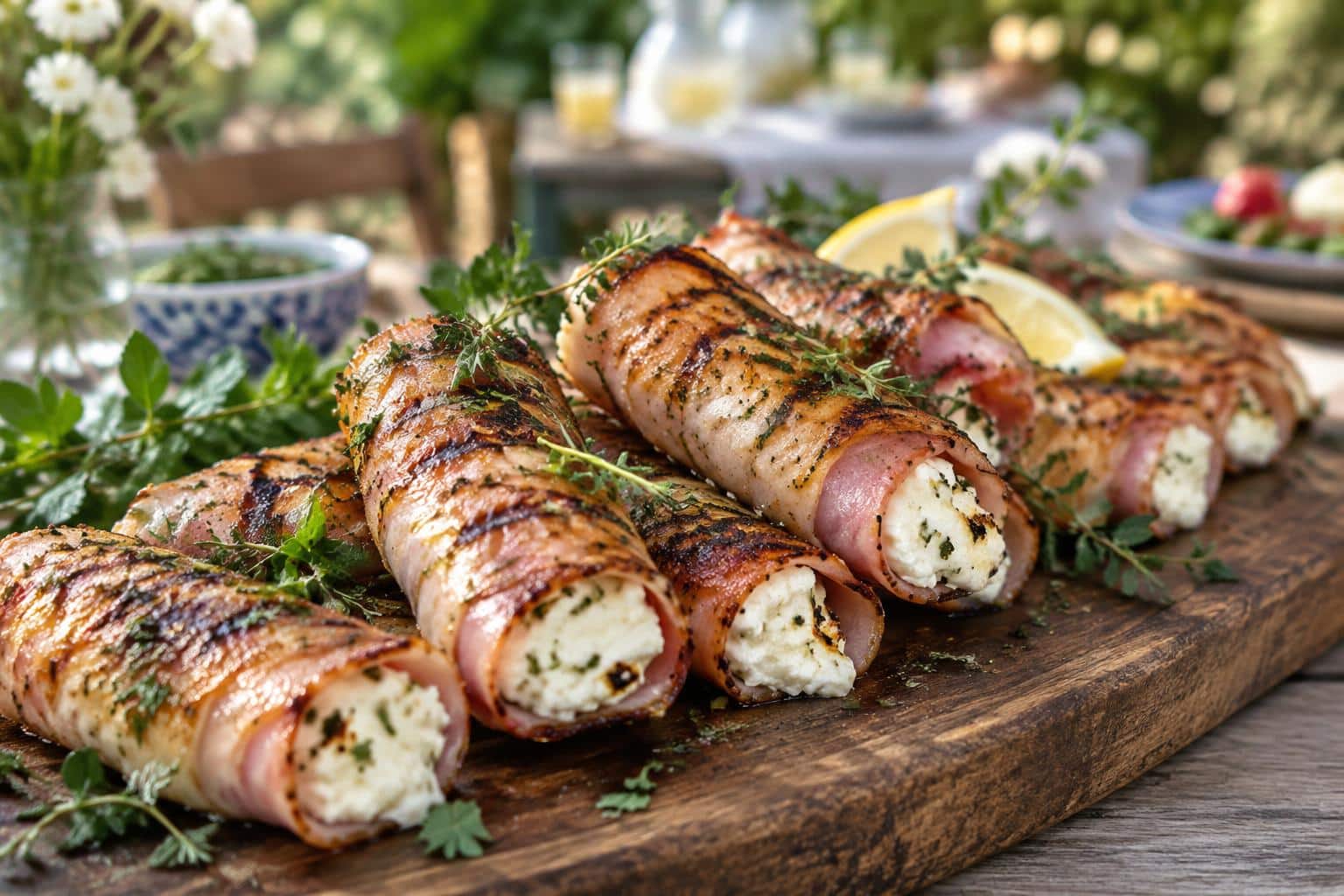 Grilled feta ham rolls appetizer on wooden platter with herbs, grilled feta ham rolls