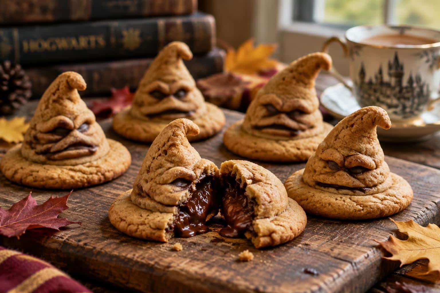 Close-up of Harry Potter sorting hat cookies with gooey surprise centers on rustic board