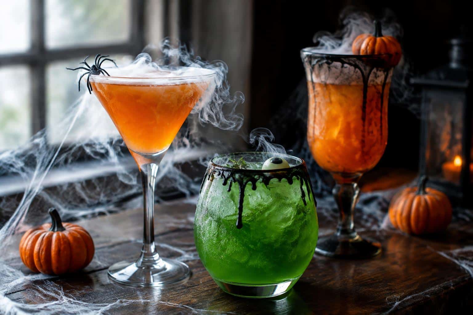 Three spooky Halloween cocktails glowing with orange and green colors, styled for Halloween cocktails