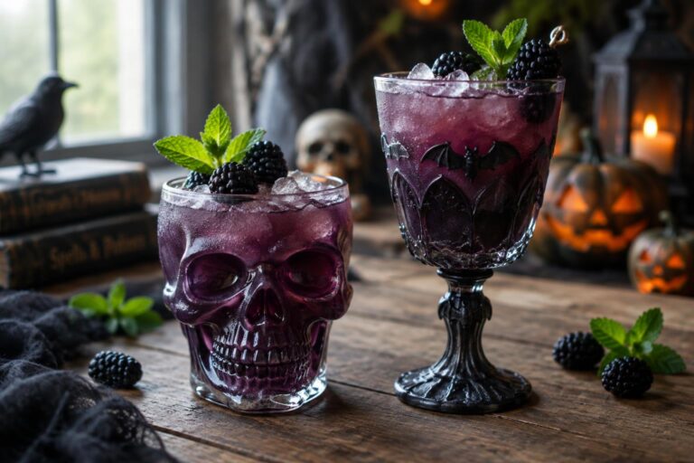 Two haunted house halloween cocktails garnished with blackberries and mint, showcasing halloween cocktails