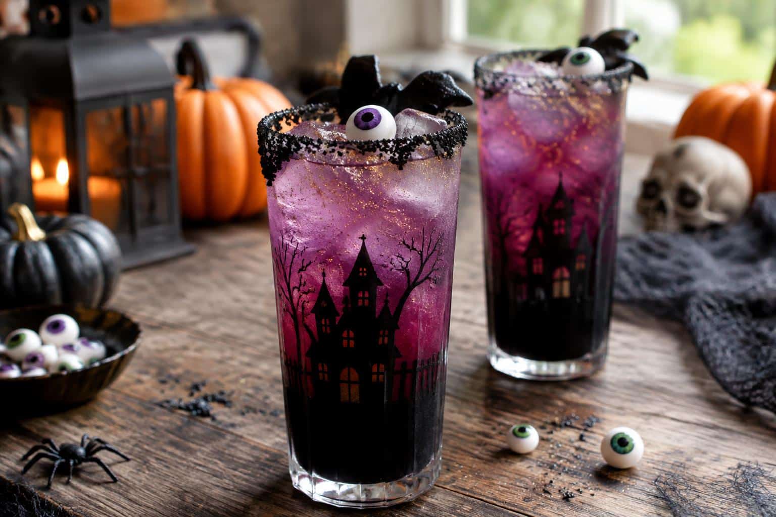 Two haunted house halloween cocktails garnished with black sugar rims and candy eyeballs on rustic table with halloween