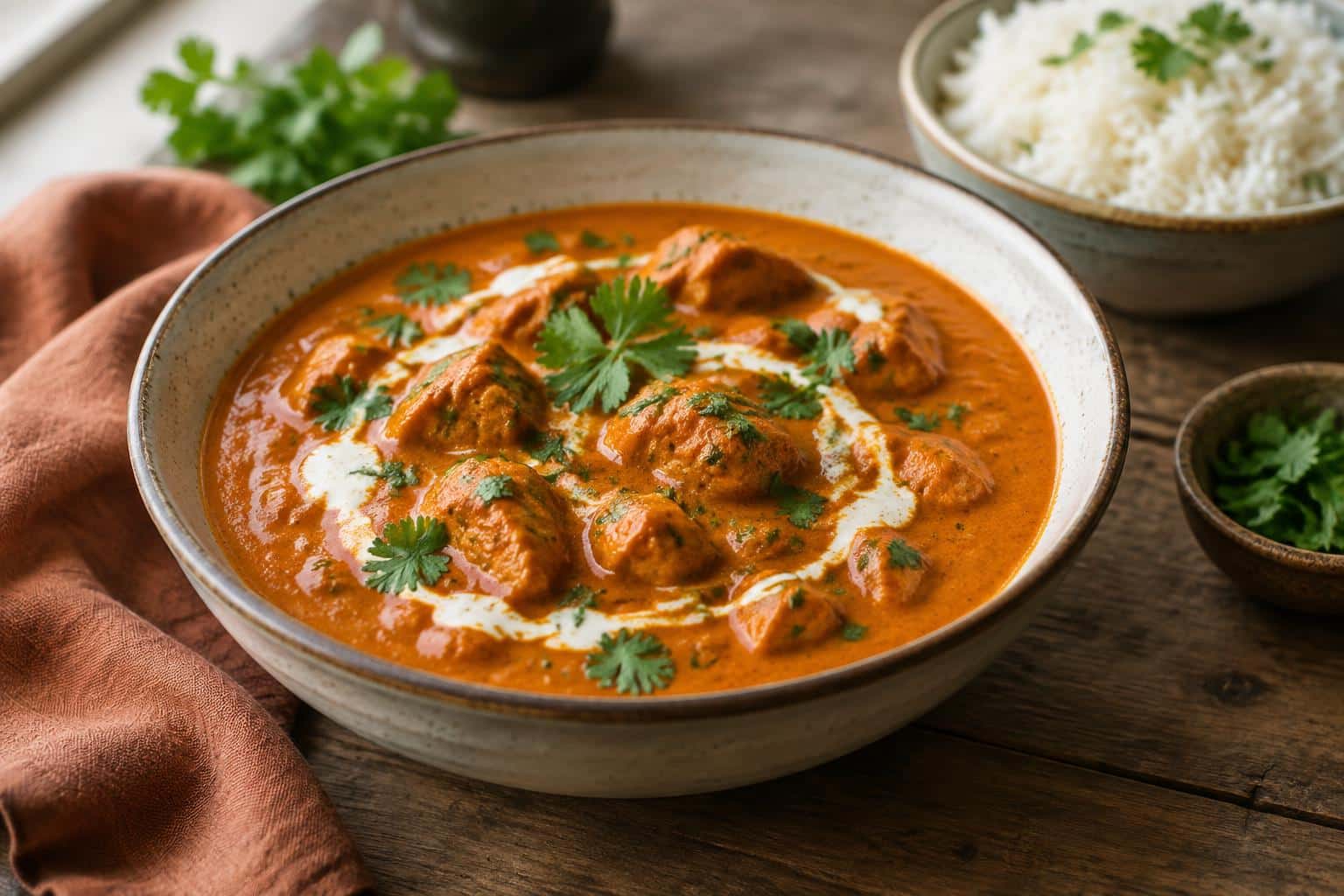 homemade butter chicken in a bowl garnished with cilantro and cream swirl