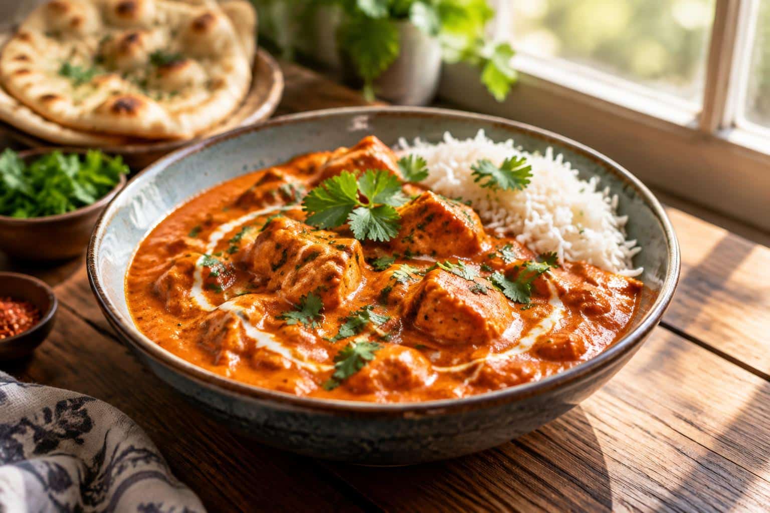Hausgemachtes butter chicken served in a bowl garnished with cilantro