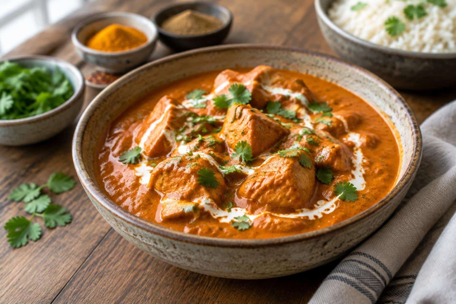 Hausgemachtes butter chicken in a rustic bowl garnished with cilantro and cream