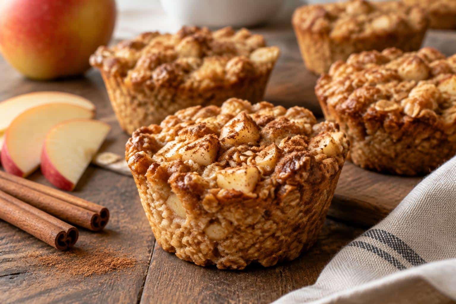 Freshly baked apple cinnamon oatmeal cups on wooden table with apple slices and cinnamon sticks