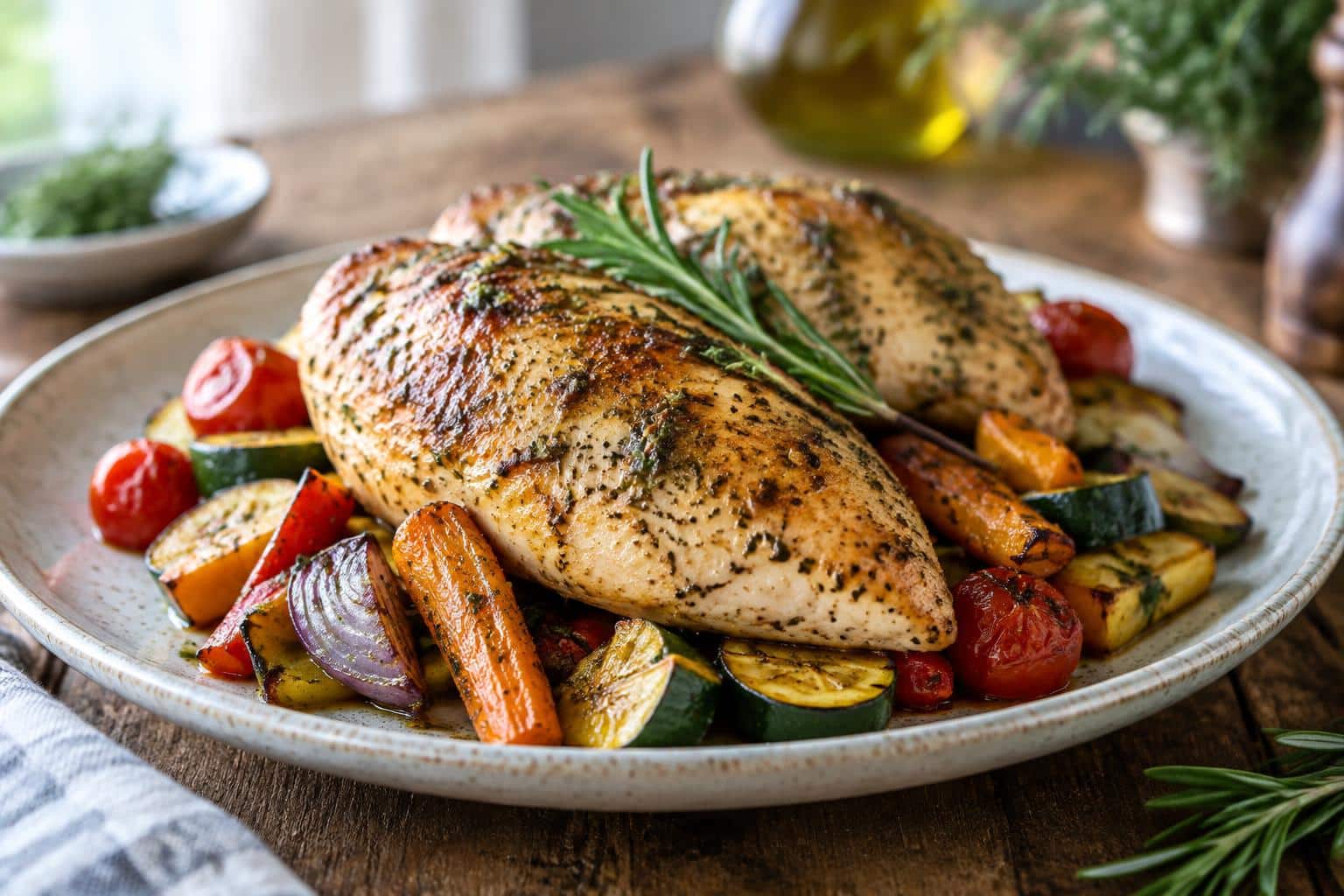 Baked Healthy Chicken Heaven with herb-crusted chicken and roasted vegetables on a rustic plate