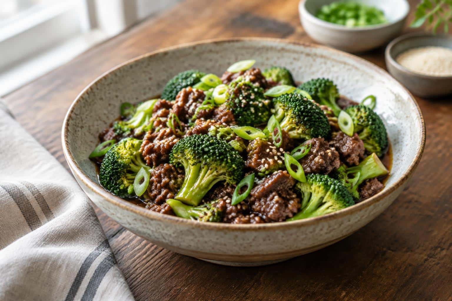 Healthy ground beef and broccoli stir-fry served in a bowl garnished with sesame seeds and green onions