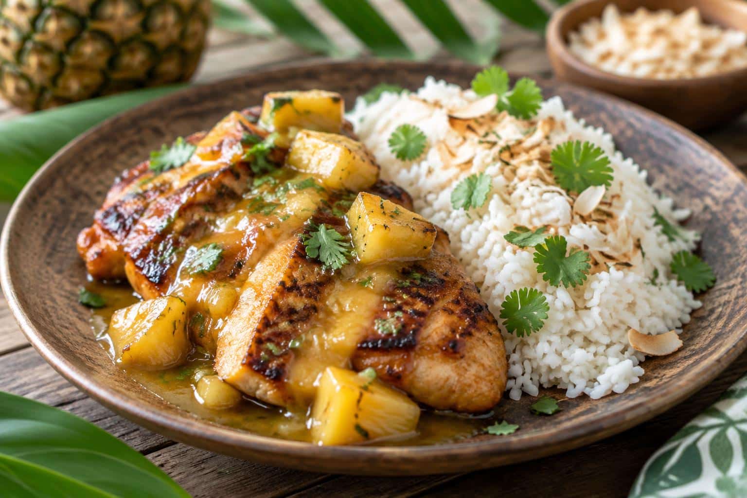 Healthy Hawaiian chicken with coconut rice garnished with cilantro and toasted coconut flakes