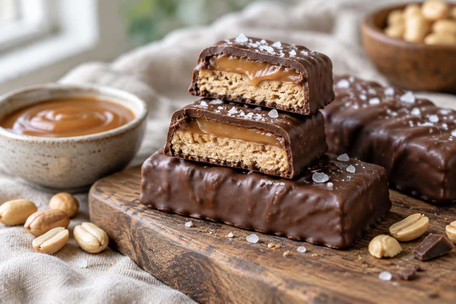 Healthy protein Twix bars with caramel and chocolate layers on rustic board
