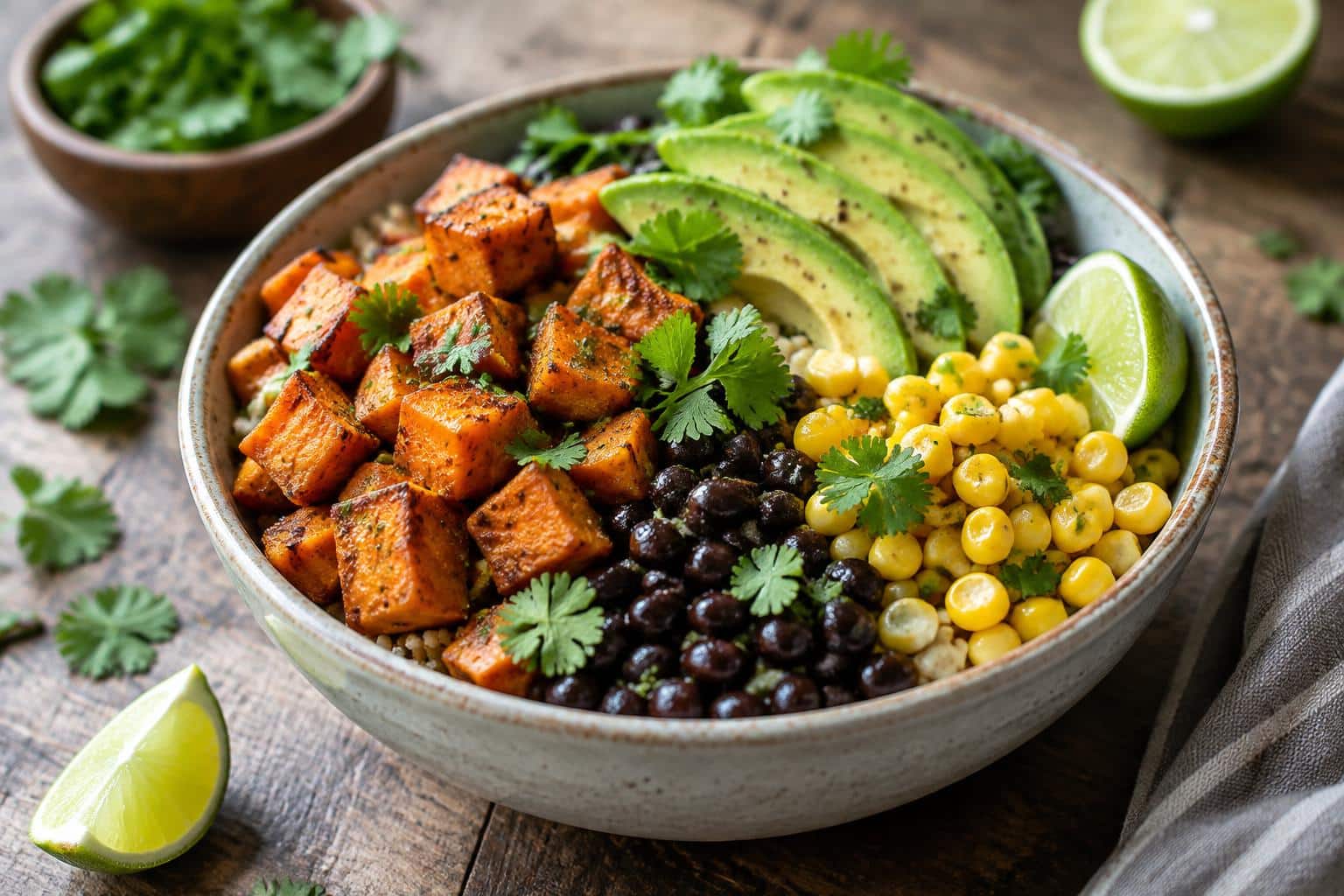 Healthy sweet potato black bean bowl with avocado and corn in a ceramic bowl