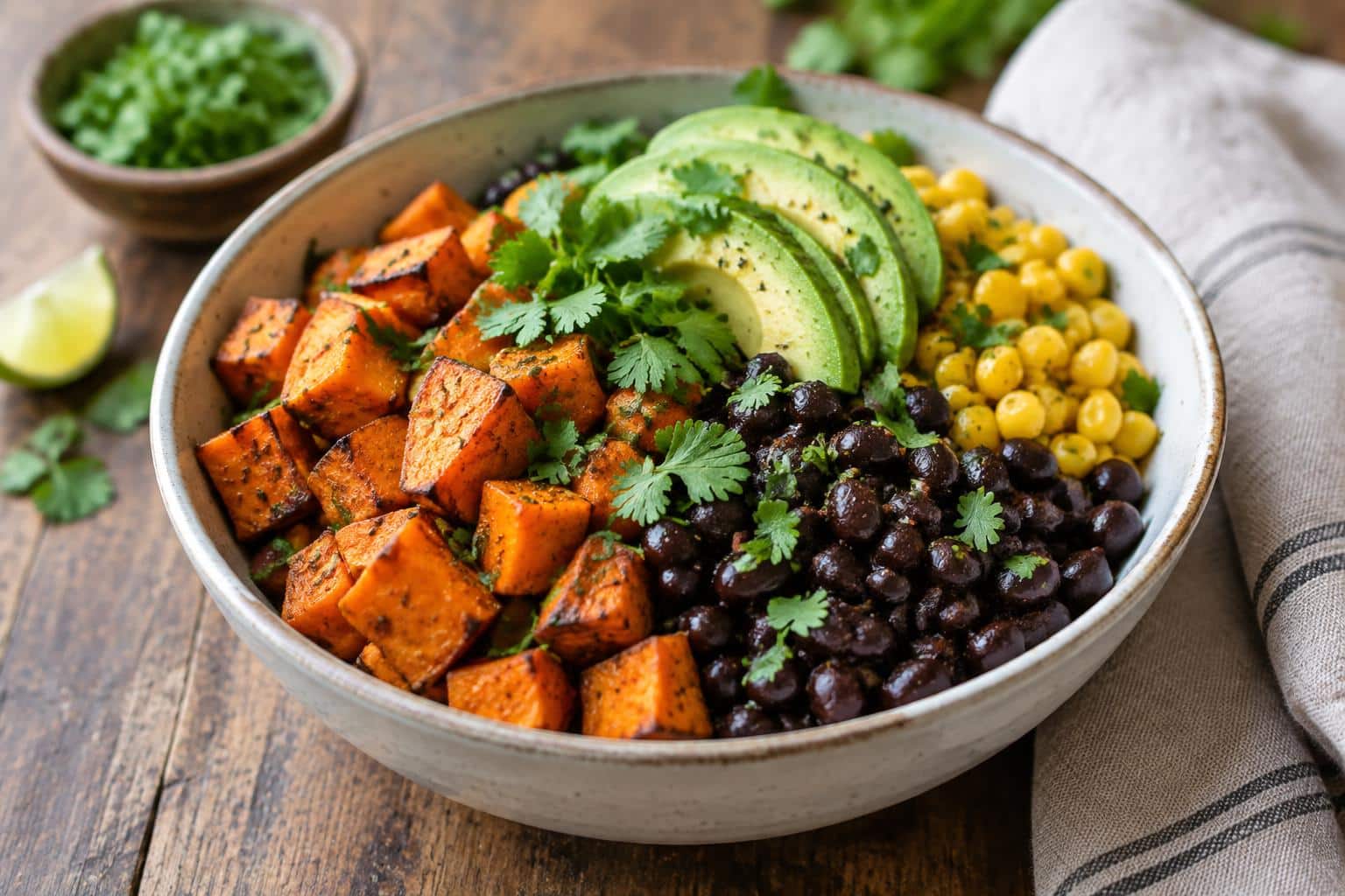 Healthy sweet potato bowl with black beans, avocado, and corn in a white bowl