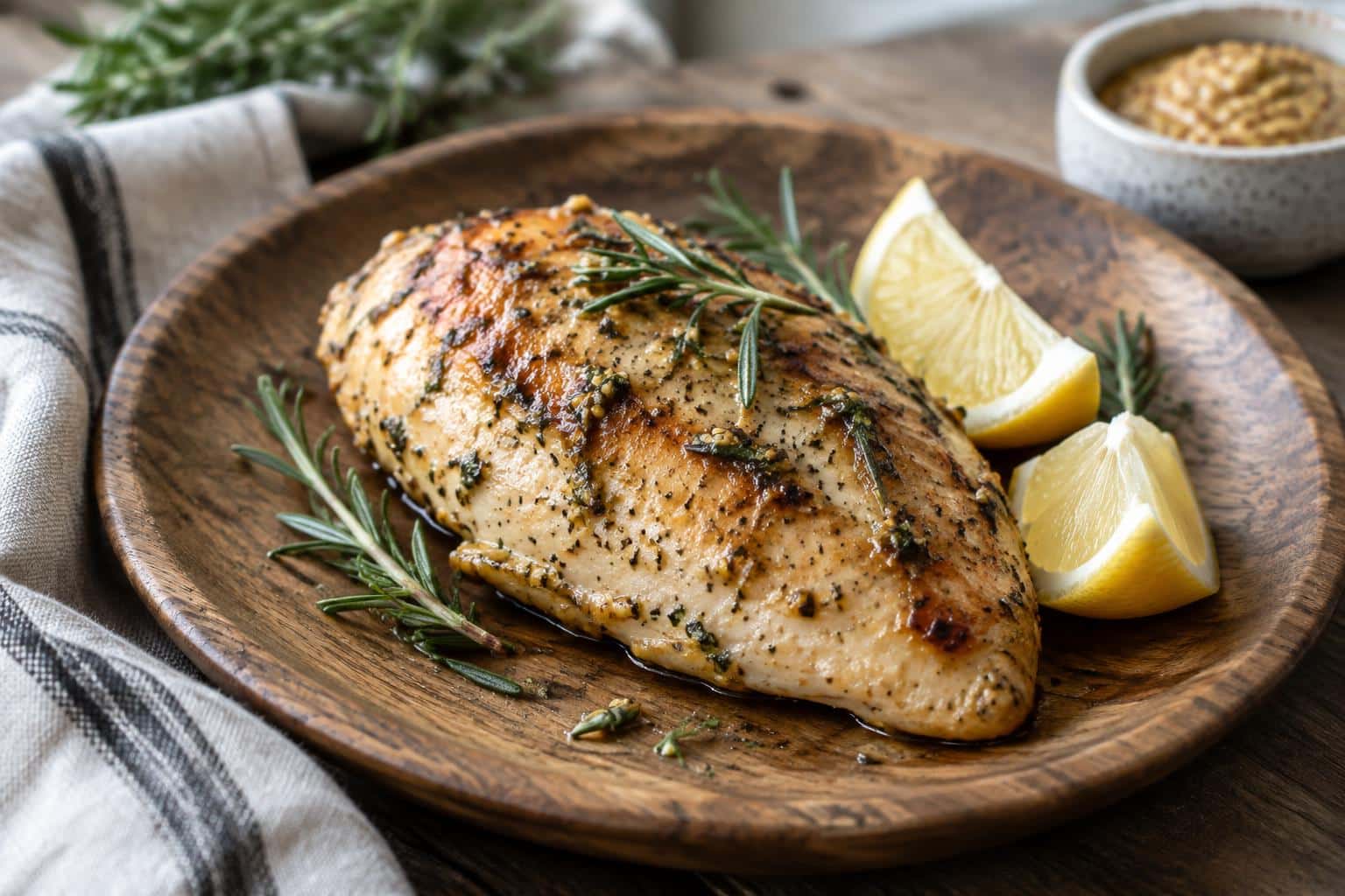 Heart healthy chicken breast with rosemary and Dijon mustard garnished with fresh herbs