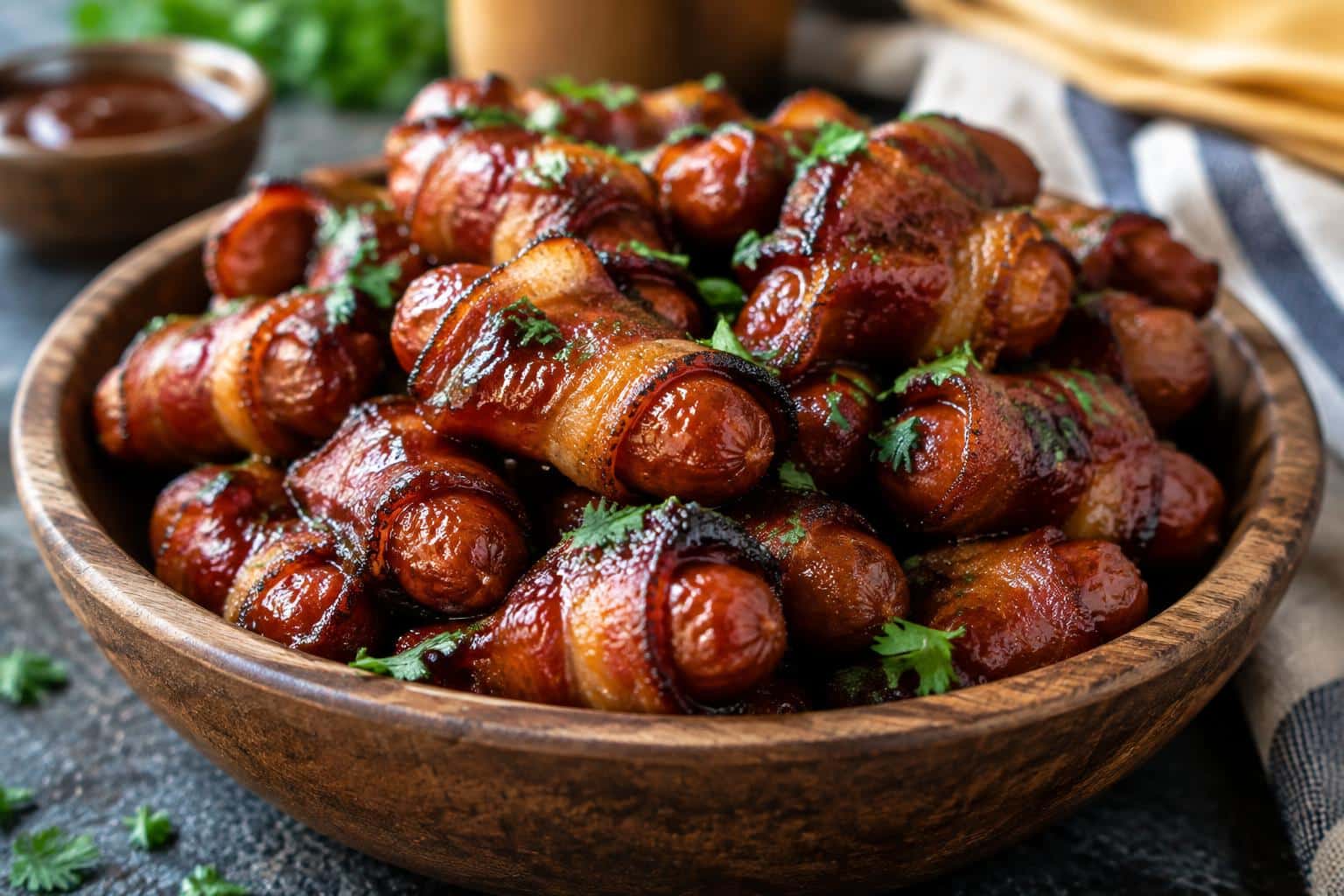 Plate of BBQ bacon little smokies garnished with parsley for appetizer