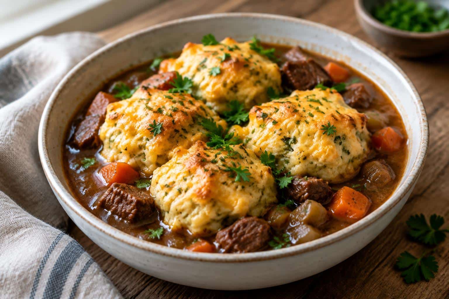 Hearty beef stew with cheddar herb dumplings garnished with parsley in a rustic bowl