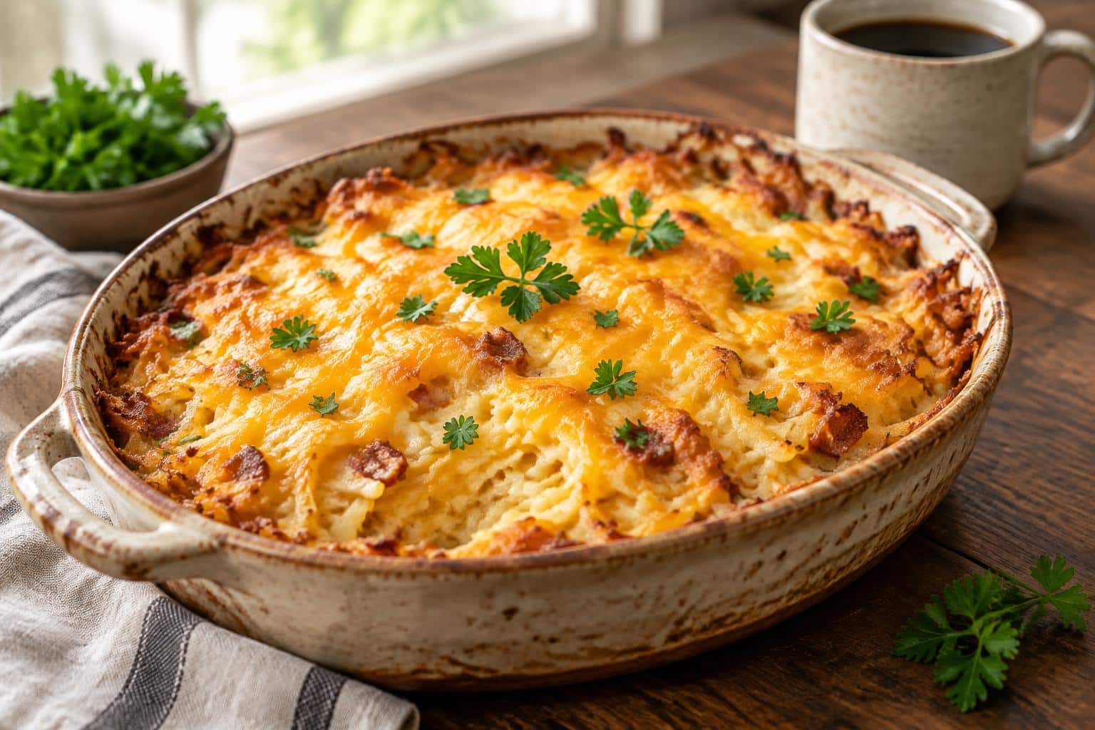 Hearty creamy breakfast hashbrown casserole with cheese and herbs in a baking dish
