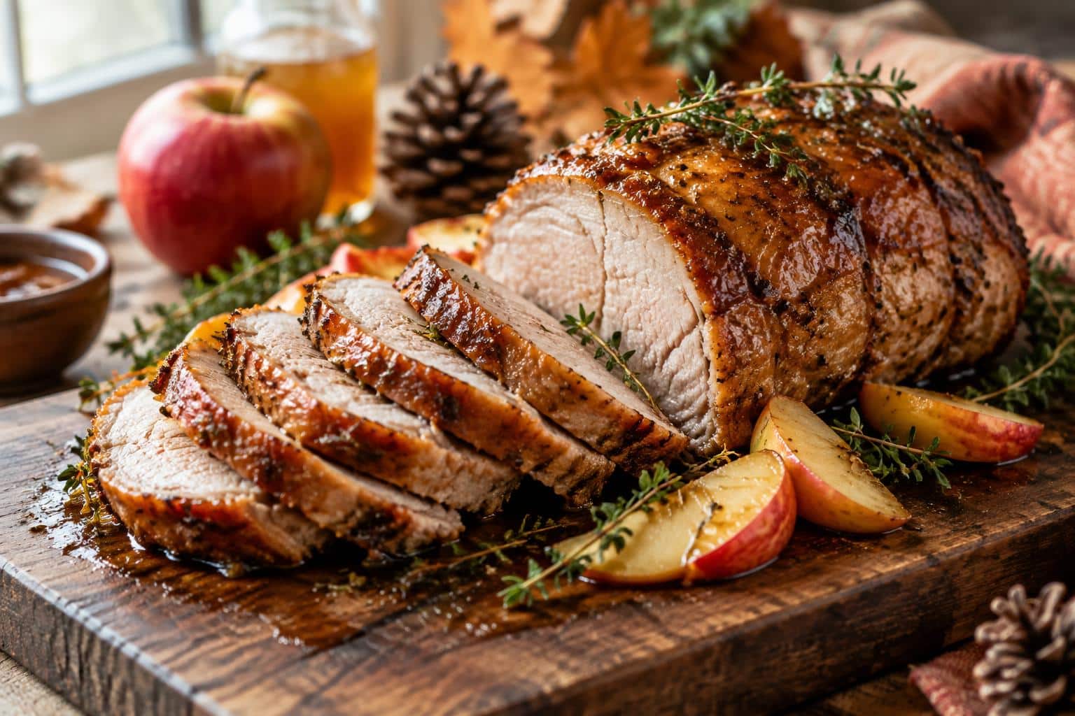 Hearty apple cider pork roast with golden crust and apple garnish on rustic board