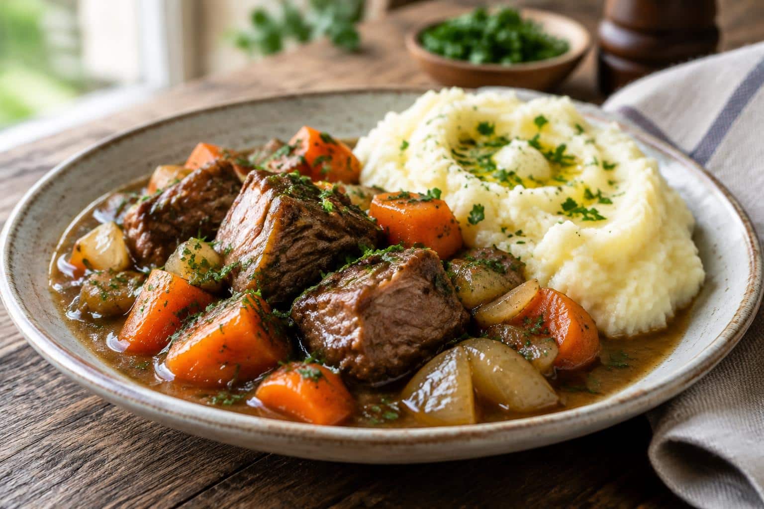 Hearty Irish stew with lamb and vegetables served alongside creamy mashed potatoes garnished with parsley