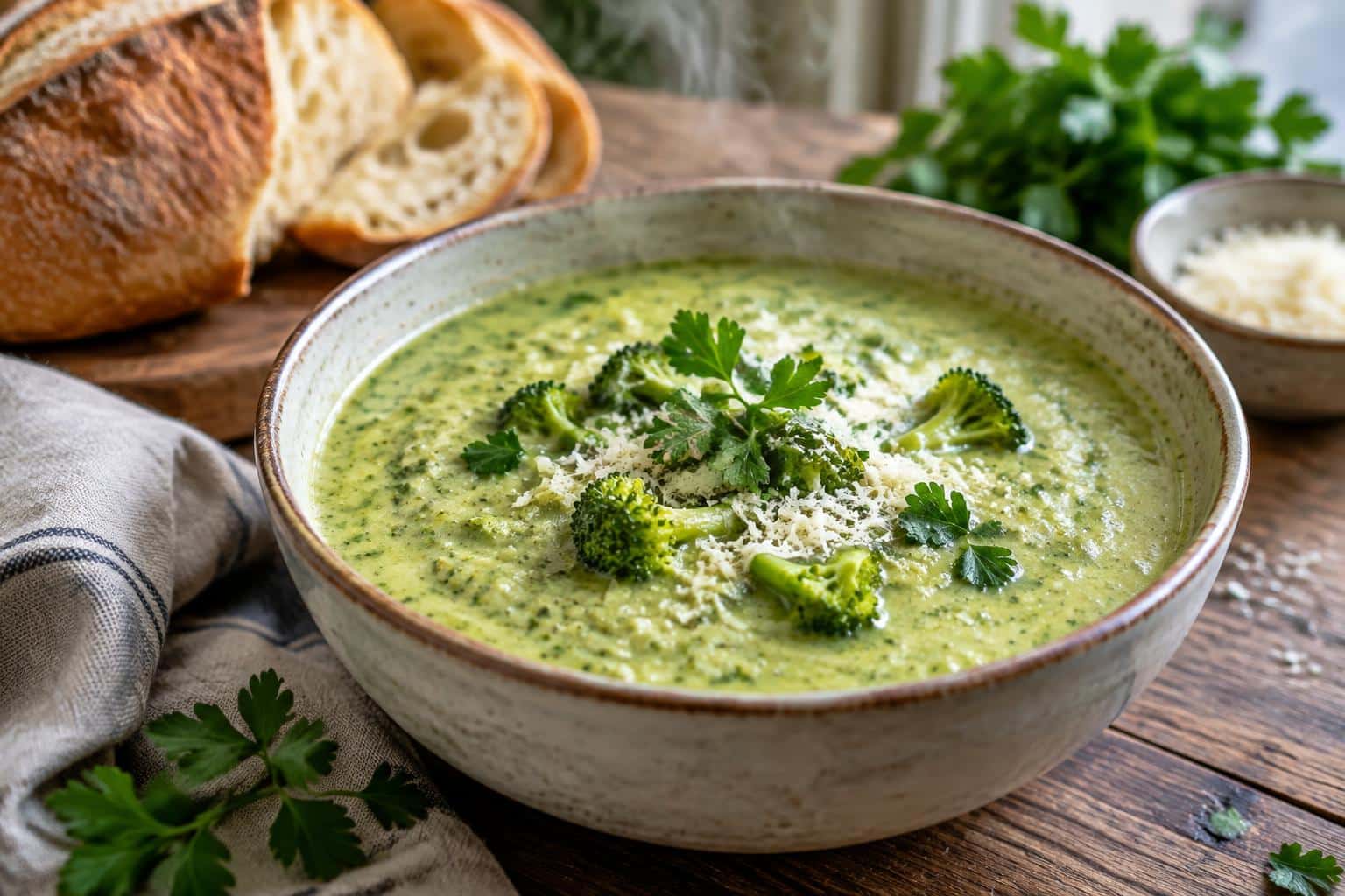 Hearty italian broccoli soup in a bowl garnished with parsley and Parmesan cheese