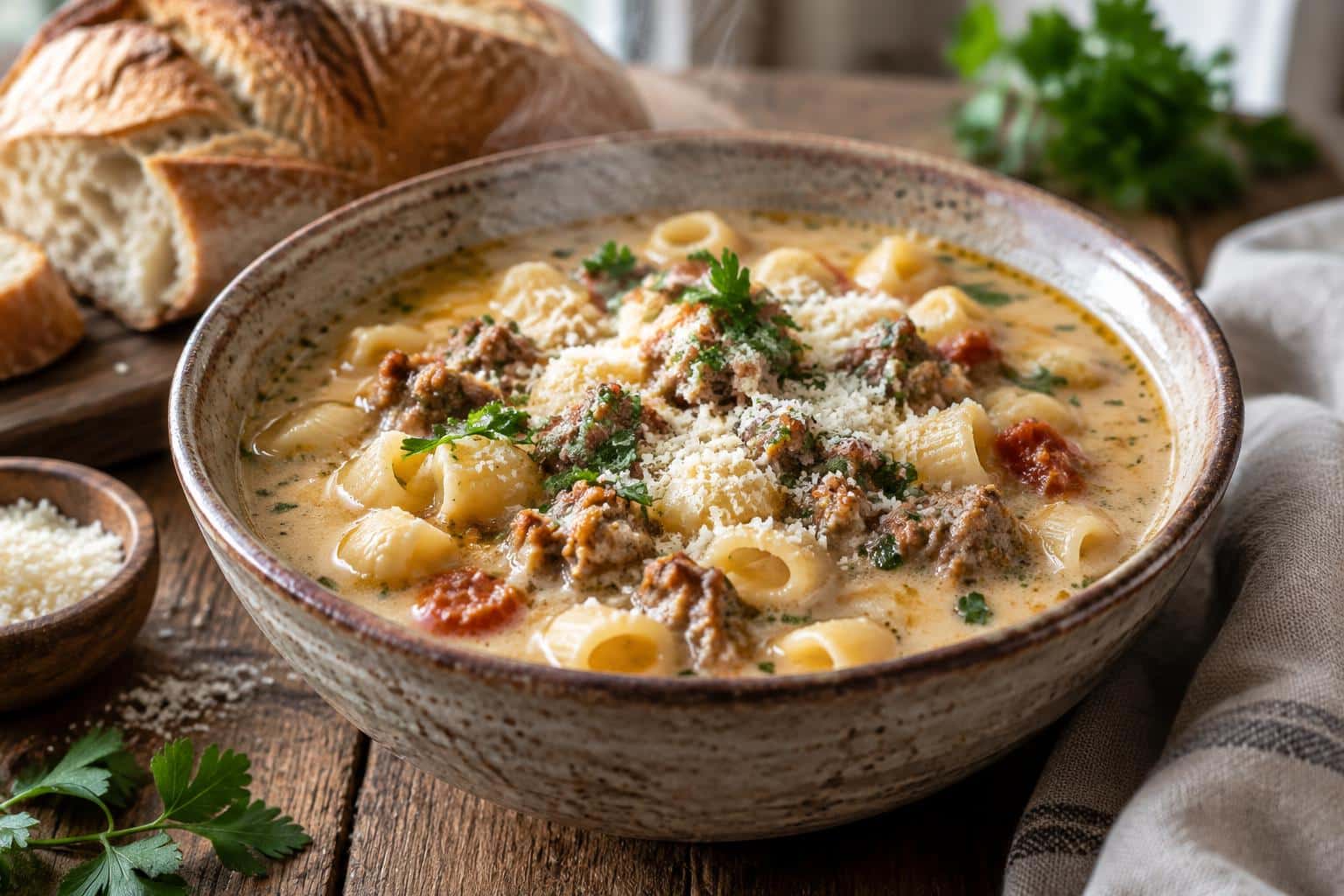 Hearty Italian sausage pasta soup in a rustic bowl garnished with Parmesan and parsley