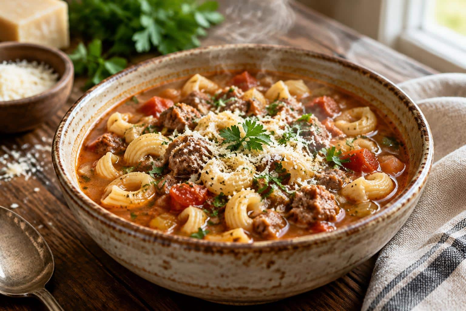 A bowl of hearty Italian sausage pasta soup garnished with parmesan and parsley
