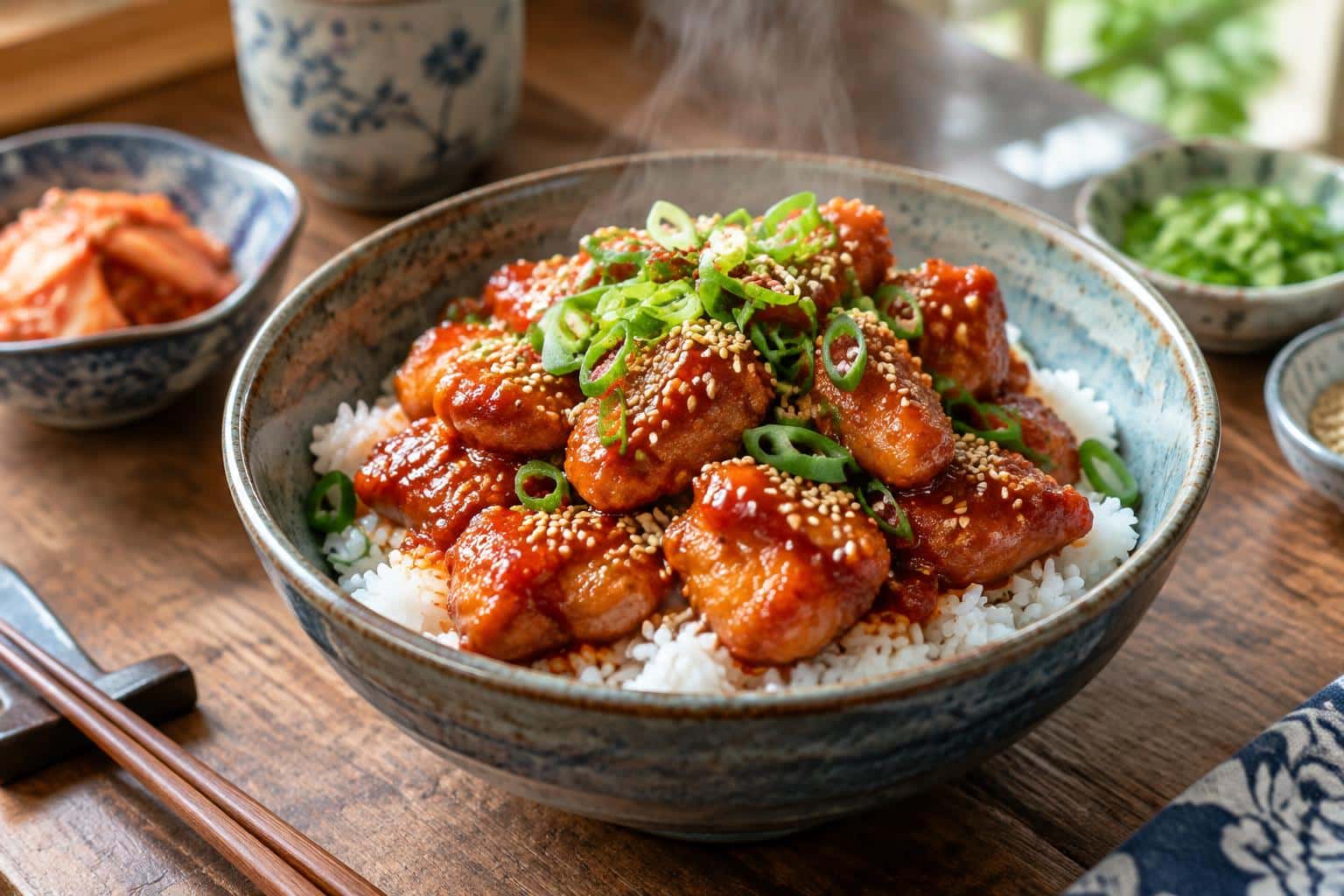 Hearty Korean sweet chili chicken rice bowl garnished with green onions and sesame seeds