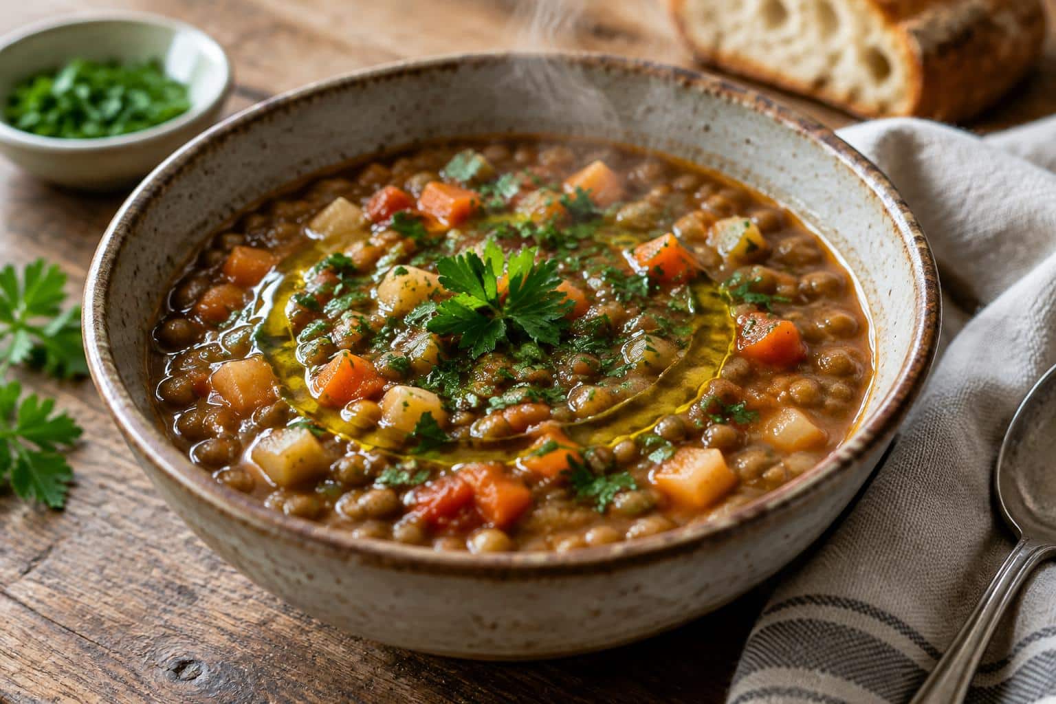 Hearty lentil stew in rustic bowl garnished with parsley, showcasing lentil stew dish