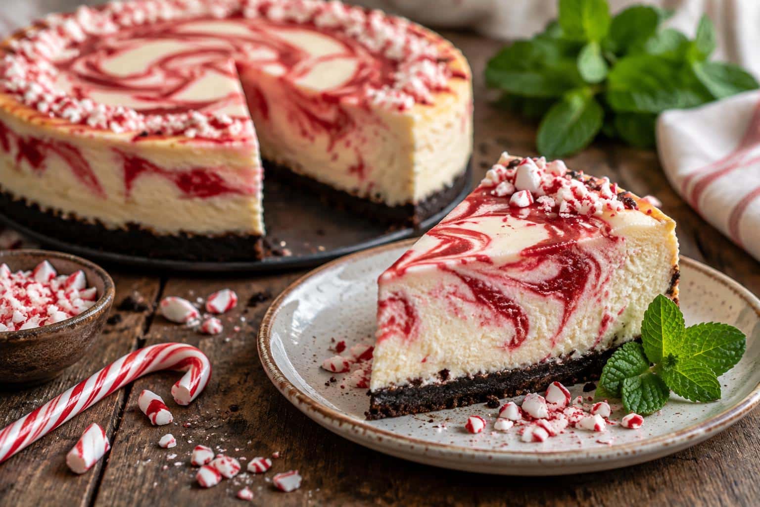 Slice of peppermint swirl cheesecake with creamy texture and red peppermint swirls