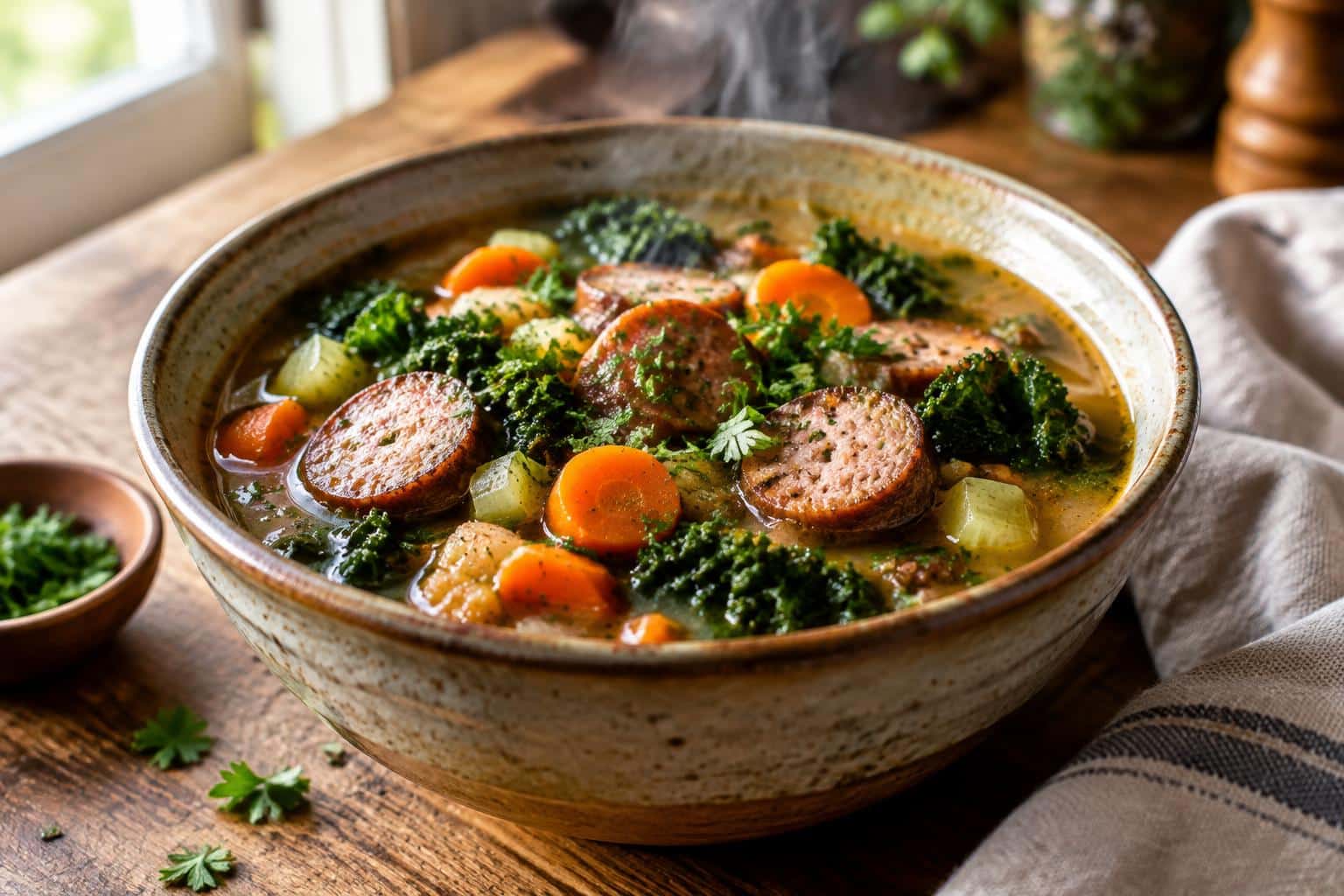 Hearty sausage soup with vegetables in a rustic bowl garnished with fresh parsley