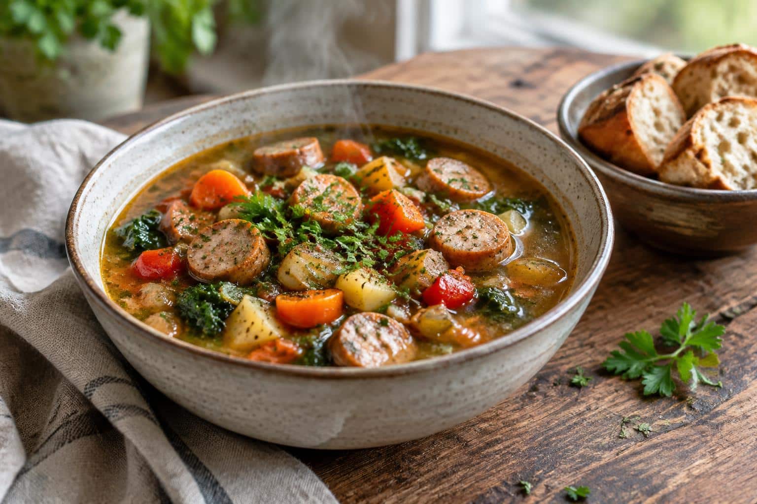 Hearty sausage soup in a bowl with sausage pieces and vegetables, garnished with fresh herbs